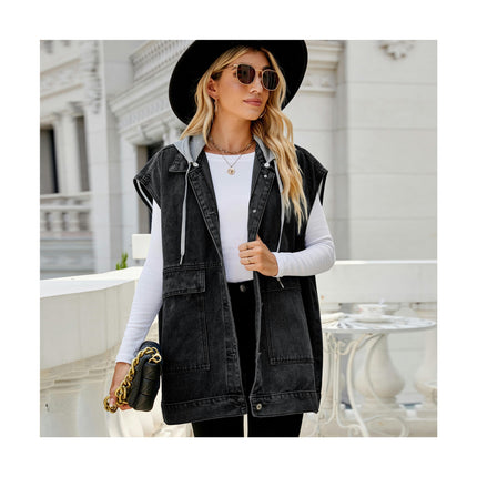 Women's Oversized Denim Vest Sleeveless Button Down Jean Jacket Vest with Hood