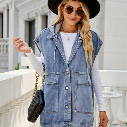 Women's Oversized Denim Vest Sleeveless Button Down Jean Jacket Vest with Hood