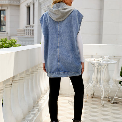 Women's Oversized Denim Vest Sleeveless Button Down Jean Jacket Vest with Hood