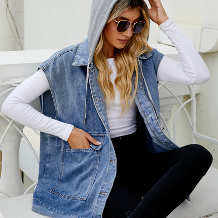 Women's Oversized Denim Vest Sleeveless Button Down Jean Jacket Vest with Hood