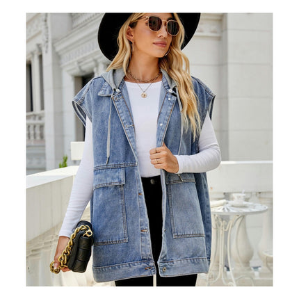 Women's Oversized Denim Vest Sleeveless Button Down Jean Jacket Vest with Hood