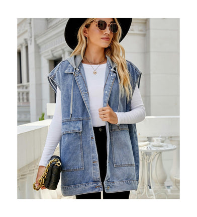 Women's Oversized Denim Vest Sleeveless Button Down Jean Jacket Vest with Hood