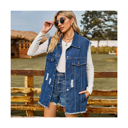 Women's Oversized Casual Denim Vest Sleeveless Frayed Ripped Denim Jean Jacket