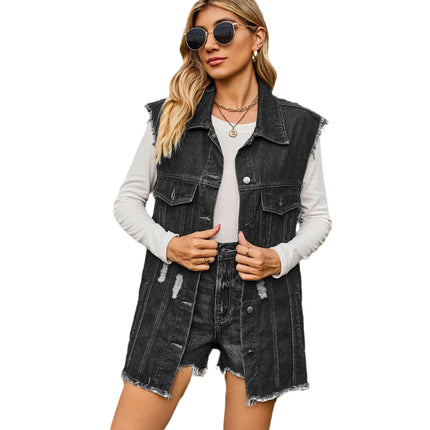 Women's Oversized Casual Denim Vest Sleeveless Frayed Ripped Denim Jean Jacket