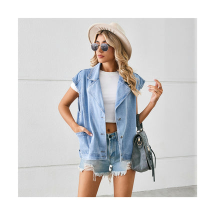 Women's Casual Denim Vest Sleeveless Notch Collar Denim Jean Jacket