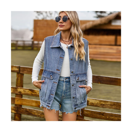 Women's Casual Sleeveless Button Denim Vest Jacket with Pockets