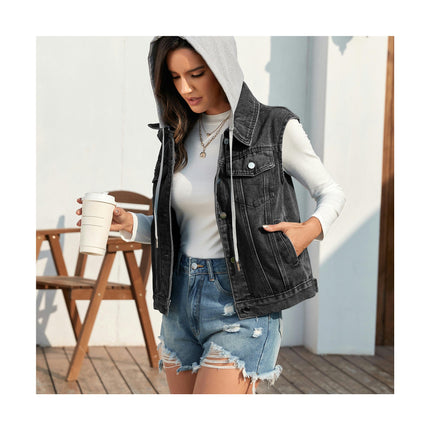 Women's Denim Vest Sleeveless Washed Button Down Casual Jean Jacket