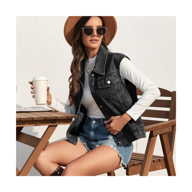 Women's Denim Vest Sleeveless Washed Button Down Casual Jean Jacket