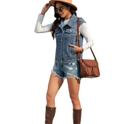 Women's Denim Vest Sleeveless Washed Button Down Casual Jean Jacket