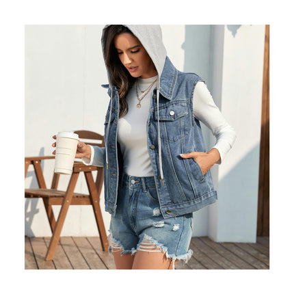 Women's Denim Vest Sleeveless Washed Button Down Casual Jean Jacket