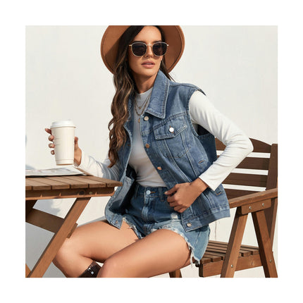 Women's Denim Vest Sleeveless Washed Button Down Casual Jean Jacket