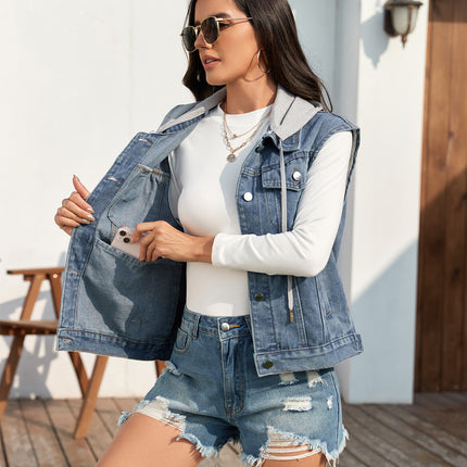 Women's Denim Vest Sleeveless Washed Button Down Casual Jean Jacket