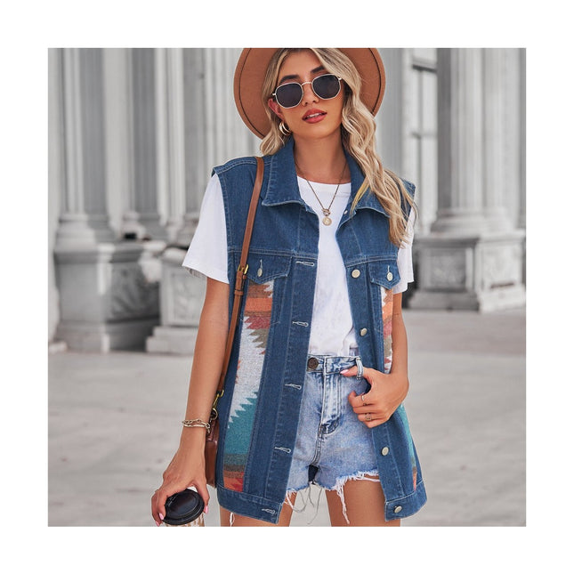 Women's Denim Vest Sleeveless Aztec Button Down Casual Jean Jacket