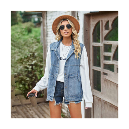 Women's Denim Vest Casual Sleeveless Jean Jacket with Pockets