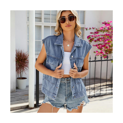 Women's Classic Denim Vest Sleeveless Button Down Jean Jacket