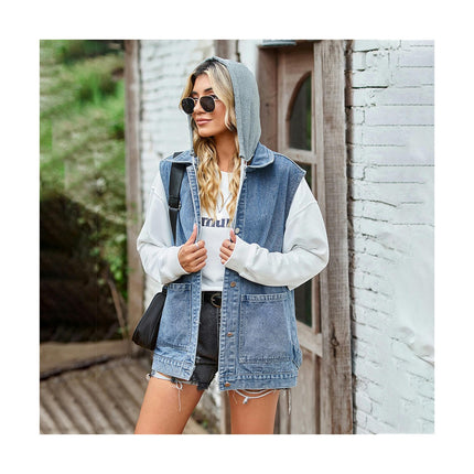 Jean Vest for Women Sleeveless Oversized Button Down Denim Jacket