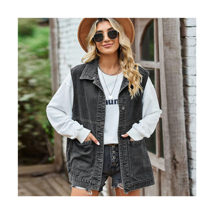 Jean Vest for Women Sleeveless Oversized Button Down Denim Jacket