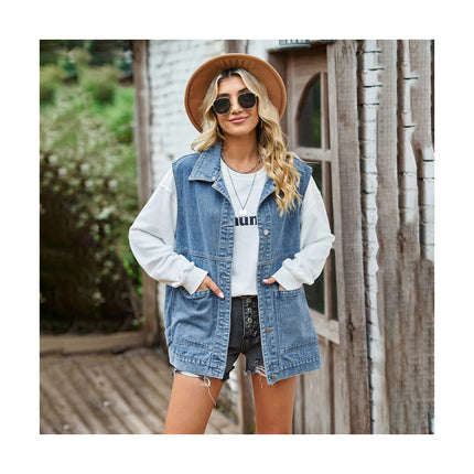 Jean Vest for Women Sleeveless Oversized Button Down Denim Jacket