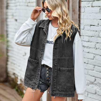 Jean Vest for Women Sleeveless Oversized Button Down Denim Jacket