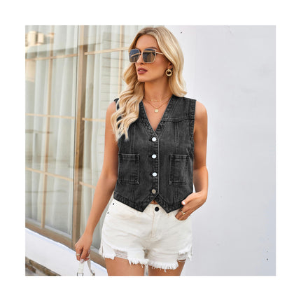 Women's Denim Jakcet Sleeveless V Neck Button Down Casual Jean Waistcoat Vest