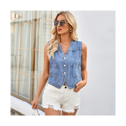 Women's Denim Jakcet Sleeveless V Neck Button Down Casual Jean Waistcoat Vest