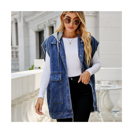 Womens Denim Vest Mid long Jean Jacket Sleeveless Vest with Pockets