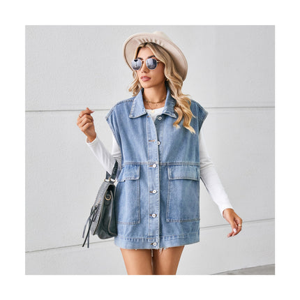 Womens Denim Vest Mid long Jean Jacket Sleeveless Vest with Pockets