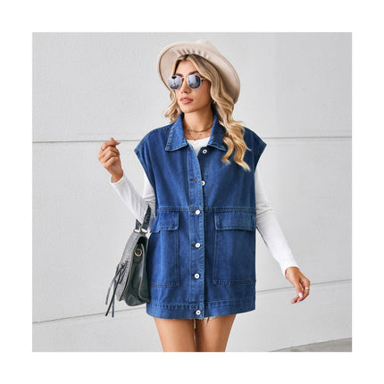 Womens Denim Vest Mid long Jean Jacket Sleeveless Vest with Pockets