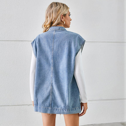 Womens Denim Vest Mid long Jean Jacket Sleeveless Vest with Pockets