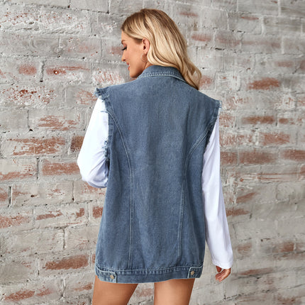 Women's Denim Jean Vest Sleeveless Button Down Jean Vest Jacket