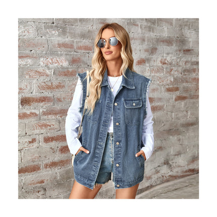 Women's Denim Jean Vest Sleeveless Button Down Jean Vest Jacket