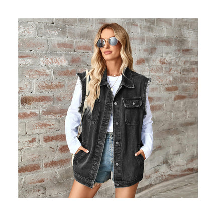 Women's Denim Jean Vest Sleeveless Button Down Jean Vest Jacket