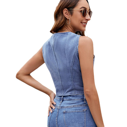 Women's Sleeveless Button Down Denim Vest Jacket V Neck Crop Jean Waistcoat