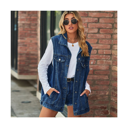 Women's Denim Vest Sleeveless Jean Jacket Button Down Casual Lapel Waistcoat