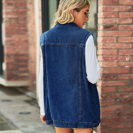 Women's Denim Vest Sleeveless Jean Jacket Button Down Casual Lapel Waistcoat