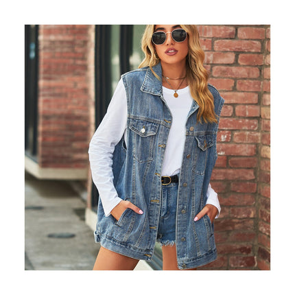 Women's Denim Vest Sleeveless Jean Jacket Button Down Casual Lapel Waistcoat