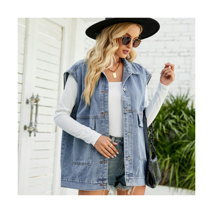 Women's Denim Vest Jean Lapel Sleeveless Button Down Waistcoat Jacket