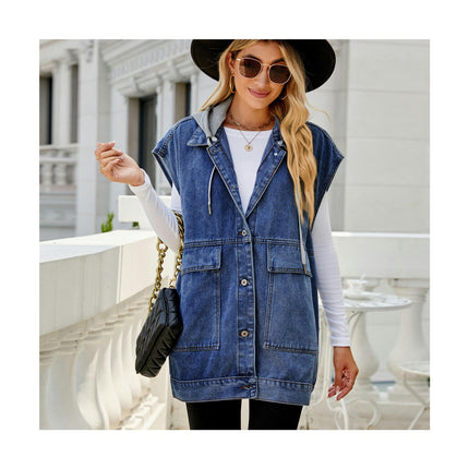 Women's Denim Vest Jean Lapel Sleeveless Button Down Waistcoat Jacket