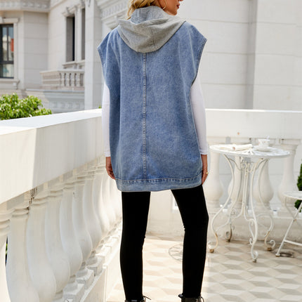 Women's Denim Vest Jean Lapel Sleeveless Button Down Waistcoat Jacket