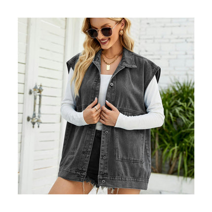 Women's Denim Vest Jean Lapel Sleeveless Button Down Waistcoat Jacket