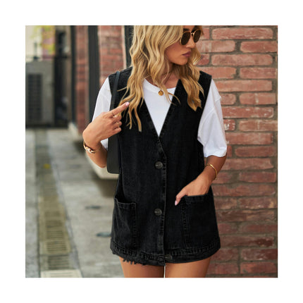 Denim Vest for Women Sleeveless Casual Button Down Jean Vest Jacket with Pockets