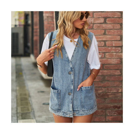 Denim Vest for Women Sleeveless Casual Button Down Jean Vest Jacket with Pockets