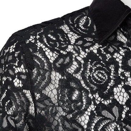 Mens Night Club Style Mesh See Through Long Sleeve Button Down Sexy Lace Floral Dress Shirts