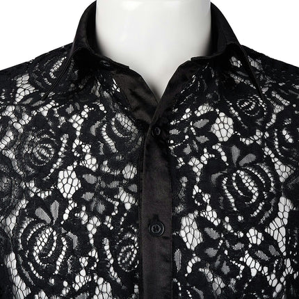 Mens Night Club Style Mesh See Through Long Sleeve Button Down Sexy Lace Floral Dress Shirts