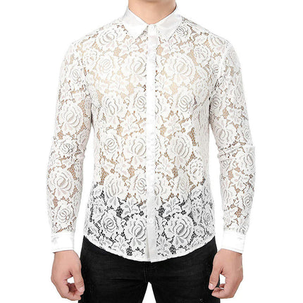 Mens Night Club Style Mesh See Through Long Sleeve Button Down Sexy Lace Floral Dress Shirts