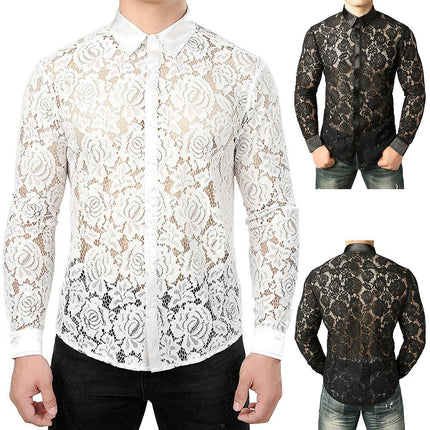 Mens Night Club Style Mesh See Through Long Sleeve Button Down Sexy Lace Floral Dress Shirts