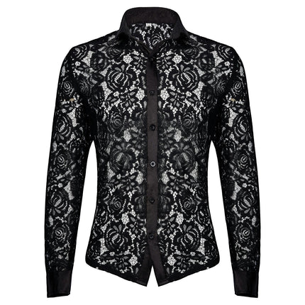 Mens Night Club Style Mesh See Through Long Sleeve Button Down Sexy Lace Floral Dress Shirts