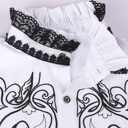 Men's Embroidered Shirt Renaissance Medieval Steampunk Gentleman Lace Standing Collar Top