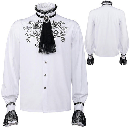 Men's Embroidered Shirt Renaissance Medieval Steampunk Gentleman Lace Standing Collar Top