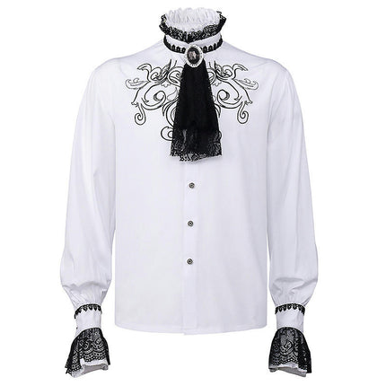 Men's Embroidered Shirt Renaissance Medieval Steampunk Gentleman Lace Standing Collar Top